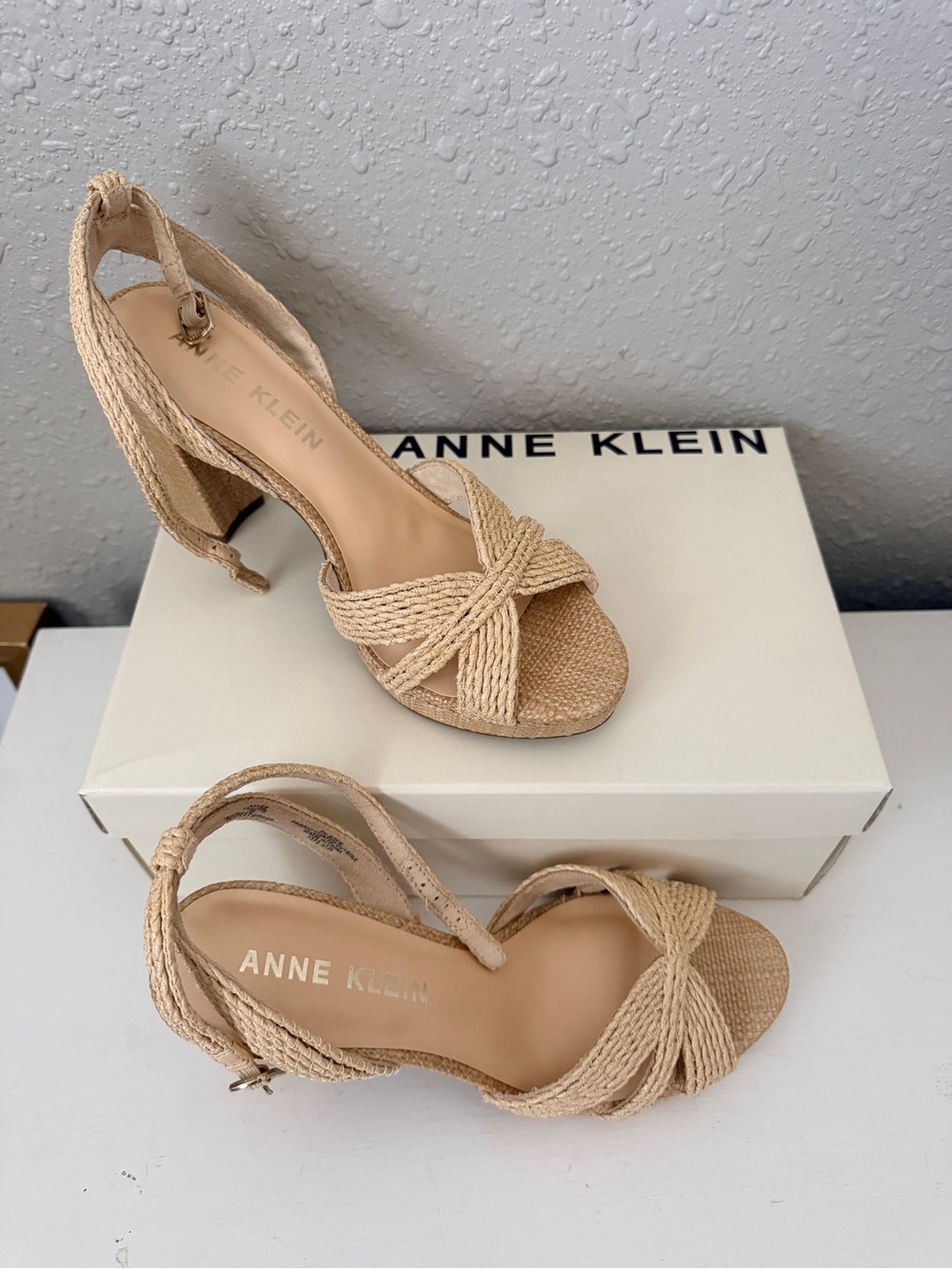 NWT Anne Klein Natural Braided Strap Block Heel Sandals